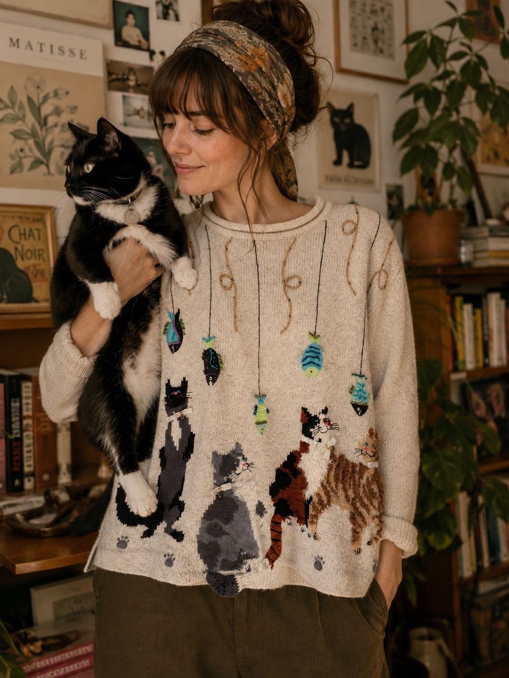 Rainbow Bridge Cat Fish Novelty Sweater 3D Applique Ramie Cotton Size M Knit Art